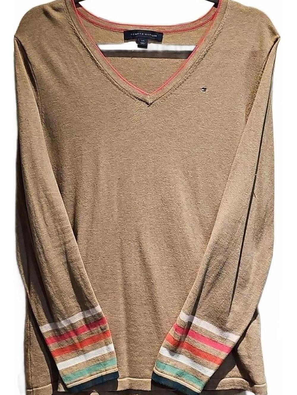 Tommy Hilfiger v neck sweater with colorful stripe sleeves size L